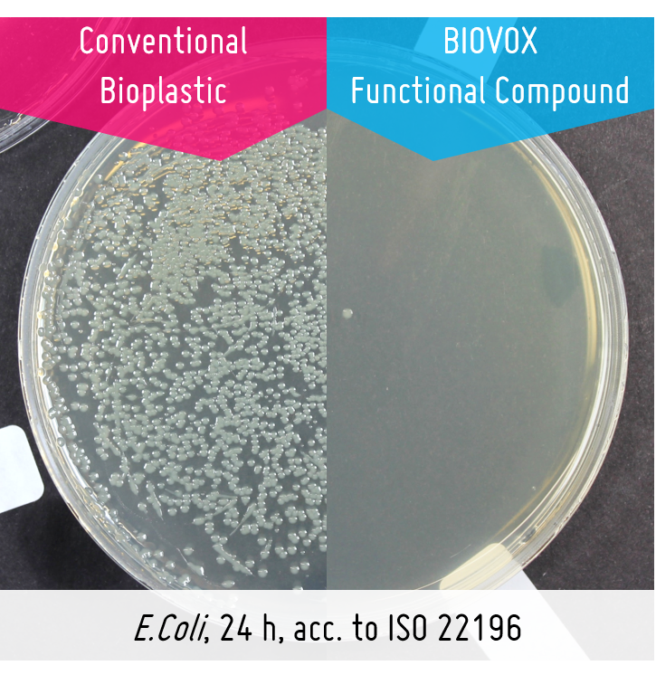 Antimicrobial effect of BIOVOX compound compared to conventional bioplastic.